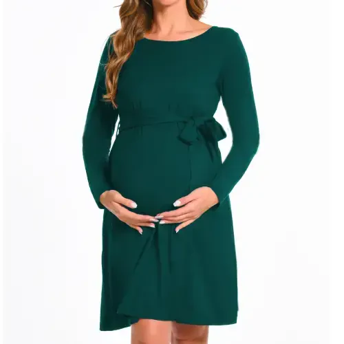 Bearsland Women’s Maternity Midi Dress Long Sleeve Casual Stretchy Pregnancy Dresses With Belt - 3