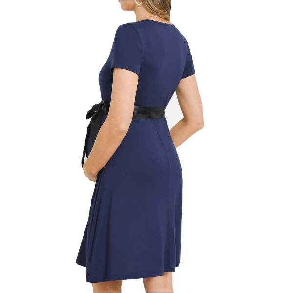 Bearsland Women's Maternity Midi Dress Short Sleeve Casual Beach Pregnancy Dresses with Belt - 3