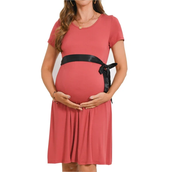 Bearsland Women's Maternity Midi Dress Short Sleeve Casual Beach Pregnancy Dresses with Belt - Modazone