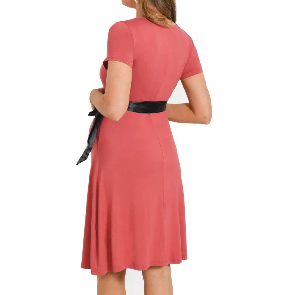Bearsland Women's Maternity Midi Dress Short Sleeve Casual Beach Pregnancy Dresses with Belt - 3