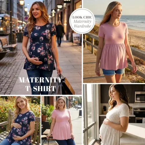 Bearsland Women's Short Sleeve Maternity Shirts Tops Pregnancy Clothes 3-Pack - 7