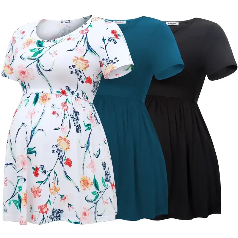Bearsland Women's Short Sleeve Maternity Shirts Tops Pregnancy Clothes 3-Pack - 5