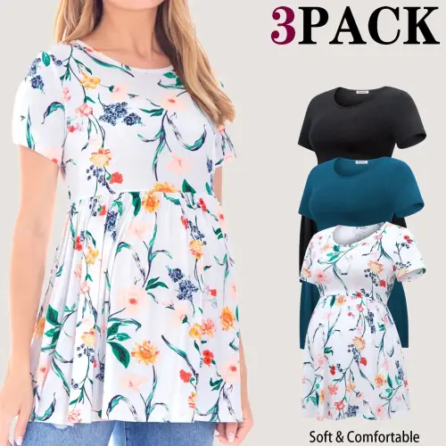 Bearsland Women's Short Sleeve Maternity Shirts Tops Pregnancy Clothes 3-Pack - 1