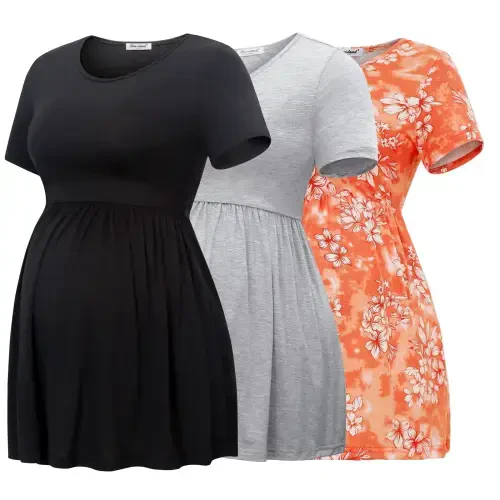 Bearsland Women's Short Sleeve Maternity Shirts Tops Pregnancy Clothes 3-Pack - 1