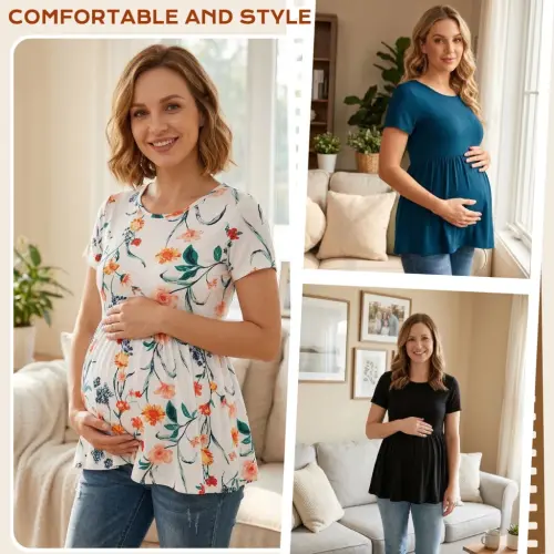 Bearsland Women's Short Sleeve Maternity Shirts Tops Pregnancy Clothes 3-Pack - 7