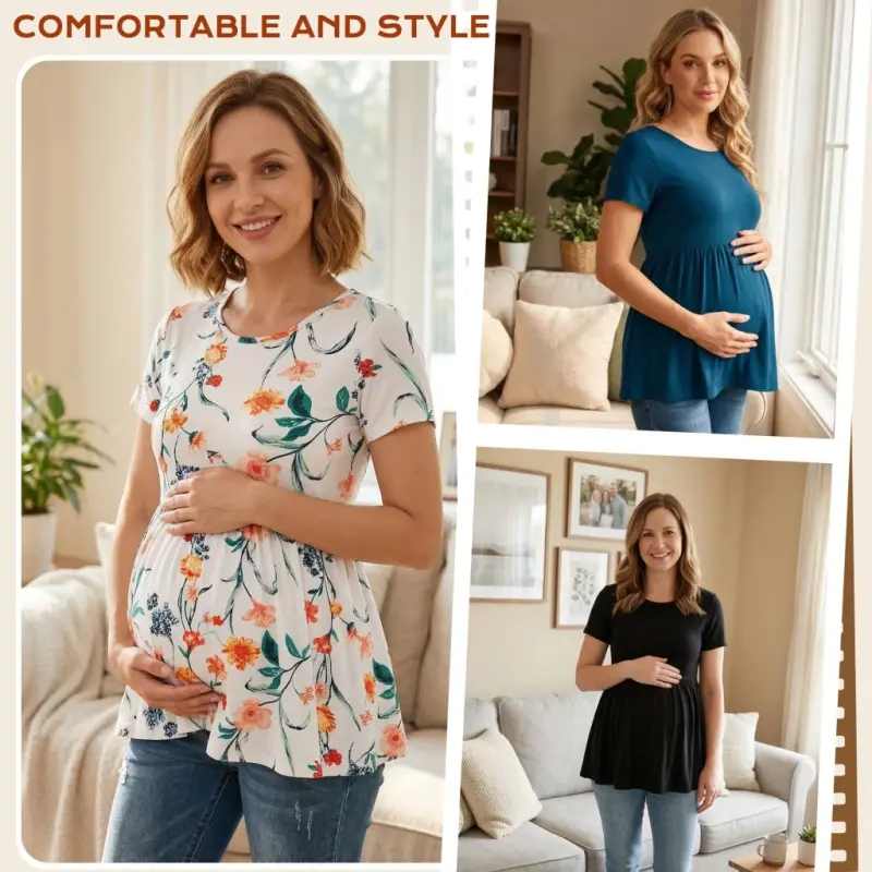 Bearsland Women's Short Sleeve Maternity Shirts Tops Pregnancy Clothes 3-Pack - 7