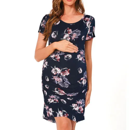 Bearsland Women's Summer Short Sleeve Maternity Dress Side Ruched Mama Pregnancy Bodycon Dress (S-XXXL) - BEARSLAND
