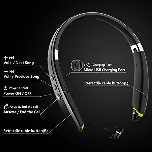 BEARTWO Bluetooth Headphones, Upgraded Foldable Wireless Neckband Headset with Retractable Earbuds, Noise Cancelling Stereo Earphones with Mic for Workout, Running, Driving (with Carry Case) - 3