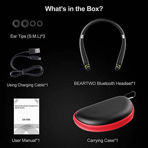 BEARTWO Bluetooth Headphones, Upgraded Foldable Wireless Neckband Headset with Retractable Earbuds, Noise Cancelling Stereo Earphones with Mic for Workout, Running, Driving (with Carry Case) - 13