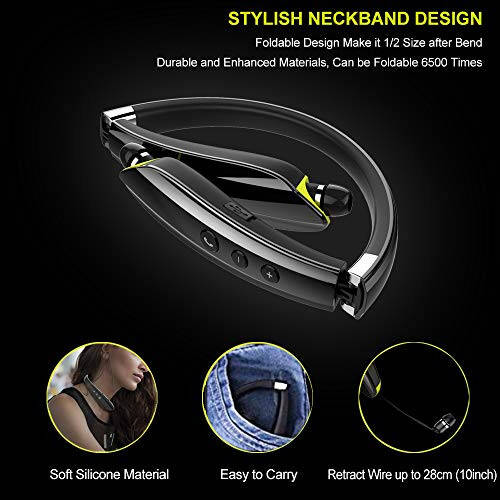 BEARTWO Bluetooth Headphones, Upgraded Foldable Wireless Neckband Headset with Retractable Earbuds, Noise Cancelling Stereo Earphones with Mic for Workout, Running, Driving (with Carry Case) - 1