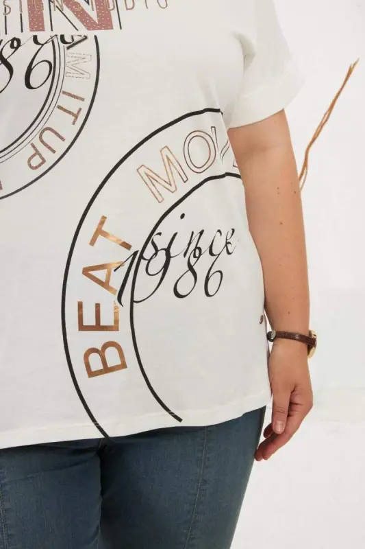 Beat Move Baskılı Büyük Beden Tişört Ekru - 2