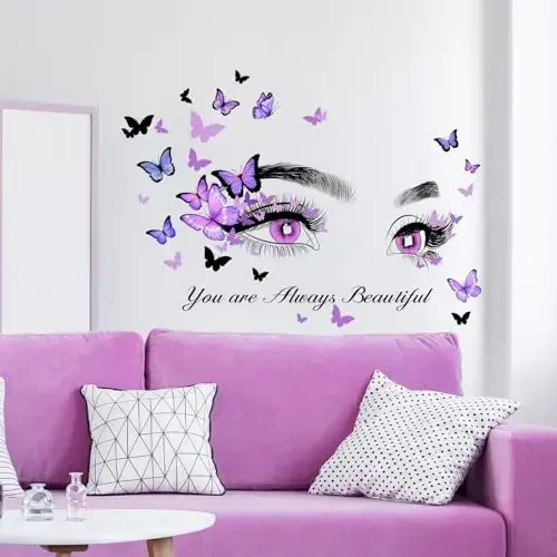 Beautiful Eyelash Eyes Wall Stickers Flying Butterfly Wall Decals You are Always Beautiful Quotes Wall-Decor Vinyl Art Butterflies Decor Stickers for Women Girls Bedroom Living Room Decor - MODAZONE