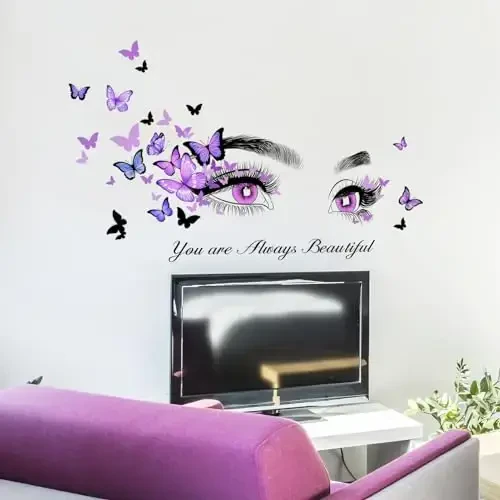 Beautiful Eyelash Eyes Wall Stickers Flying Butterfly Wall Decals You are Always Beautiful Quotes Wall-Decor Vinyl Art Butterflies Decor Stickers for Women Girls Bedroom Living Room Decor - 3
