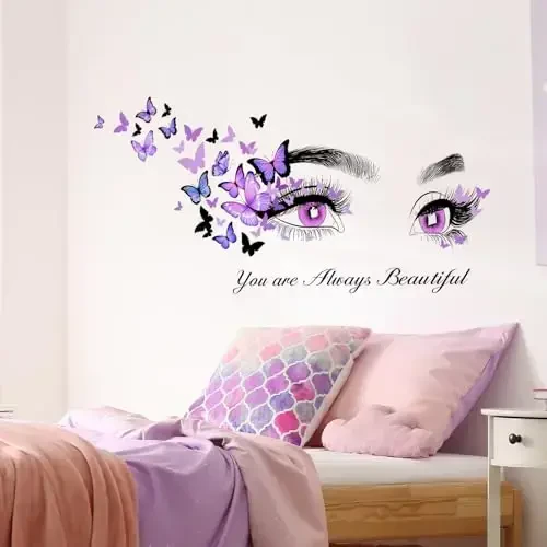 Beautiful Eyelash Eyes Wall Stickers Flying Butterfly Wall Decals You are Always Beautiful Quotes Wall-Decor Vinyl Art Butterflies Decor Stickers for Women Girls Bedroom Living Room Decor - 4