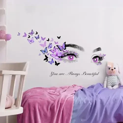 Beautiful Eyelash Eyes Wall Stickers Flying Butterfly Wall Decals You are Always Beautiful Quotes Wall-Decor Vinyl Art Butterflies Decor Stickers for Women Girls Bedroom Living Room Decor - 6