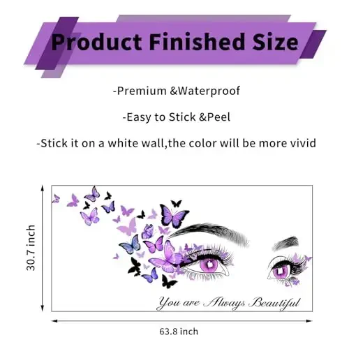 Beautiful Eyelash Eyes Wall Stickers Flying Butterfly Wall Decals You are Always Beautiful Quotes Wall-Decor Vinyl Art Butterflies Decor Stickers for Women Girls Bedroom Living Room Decor - 7