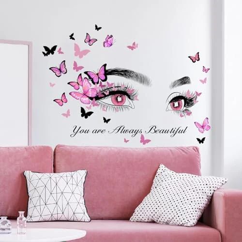 Beautiful Eyelash Eyes Wall Stickers Flying Butterfly Wall Decals You are Always Beautiful Quotes Wall Decor Vinyl Wall Art Butterflies Wall Decor Stickers for Women Girls Bedroom Living Room Decor - X-xdaonl