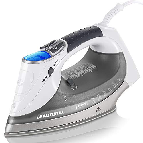 BEAUTURAL 1800-Watt Steam Iron with Digital LCD Screen, Double-Layer and Ceramic Coated Soleplate, 3-Way Auto-Off, 9 Preset Temperature and Steam Settings for Variable Fabric Gray - 1