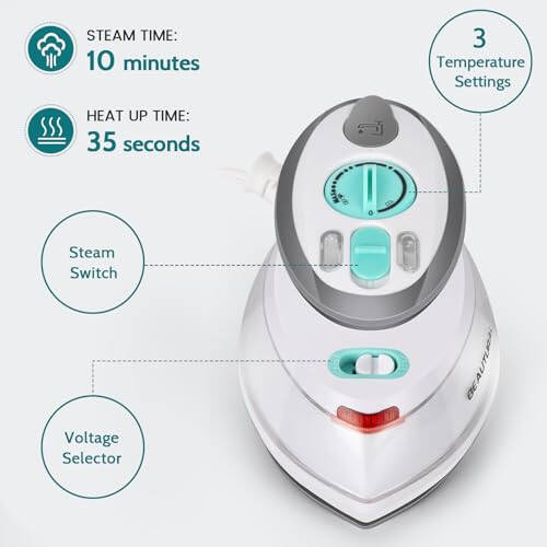 BEAUTURAL Mini Travel Steam Iron for Clothes with Dual Voltage, Non-Stick Soleplate, Anti-Slip Handle, Ideal for Sewing, Quilting and Handcraft - 5