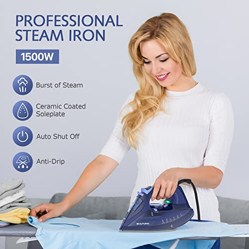 BEAUTURAL Steam Iron for Clothes with Precision Thermostat Dial, Ceramic Coated Soleplate, 3-Way Auto-Off, Self-Cleaning, Anti-Calcium, Anti-Drip Blue - 2