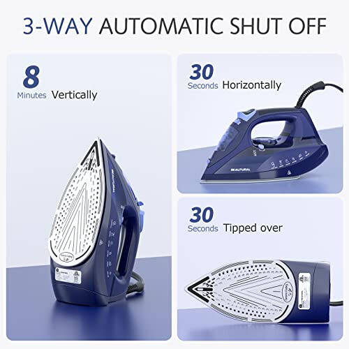 BEAUTURAL Steam Iron for Clothes with Precision Thermostat Dial, Ceramic Coated Soleplate, 3-Way Auto-Off, Self-Cleaning, Anti-Calcium, Anti-Drip Blue - 5