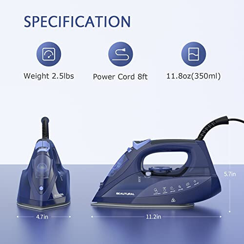 BEAUTURAL Steam Iron for Clothes with Precision Thermostat Dial, Ceramic Coated Soleplate, 3-Way Auto-Off, Self-Cleaning, Anti-Calcium, Anti-Drip Blue - 6