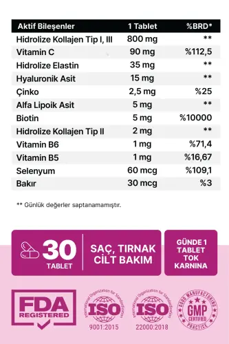 BEAUTY MIX KOLLAGEN TIP I,II,III +ELASTIN,BIOTIN,TSINK, VITAMIN C, SELEN, GIALURON KISLOTASI, KOLLAGEN - 1