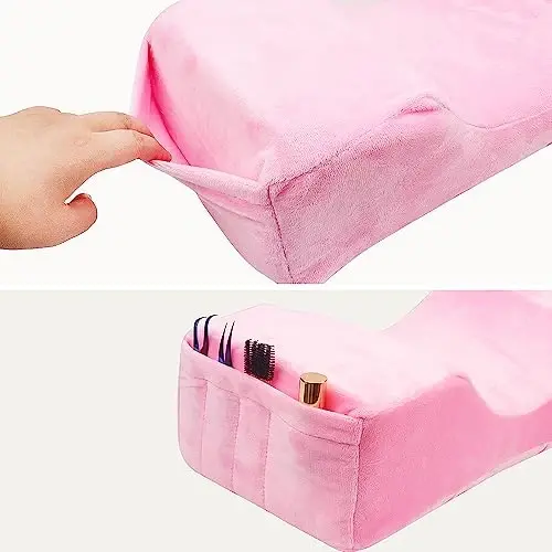Beauty Salon Eyelash Extension Neck Pillow - Comfortable Velvet Beauty Memory Foam Pillow, Eyelash Pillow Grafted Eyelash Curve Pillow with Makeup Pocket to Protect Neck (Pink) - 1