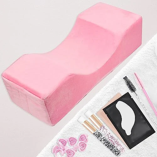 Beauty Salon Eyelash Extension Neck Pillow - Comfortable Velvet Beauty Memory Foam Pillow, Eyelash Pillow Grafted Eyelash Curve Pillow with Makeup Pocket to Protect Neck (Pink) - 4