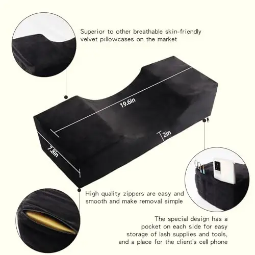 Beauty Salon Eyelash Extension Velvet Lash Pillow Beauty Salon Memory Foam Neck Pillow for Lash Extension Grafting Make Up Side Pockets for Tools(Black,2Pack) - 3