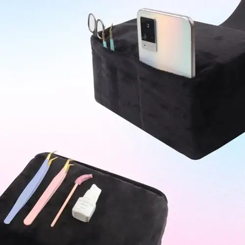 Beauty Salon Eyelash Extension Velvet Lash Pillow Beauty Salon Memory Foam Neck Pillow for Lash Extension Grafting Make Up Side Pockets for Tools(Black,2Pack) - 5