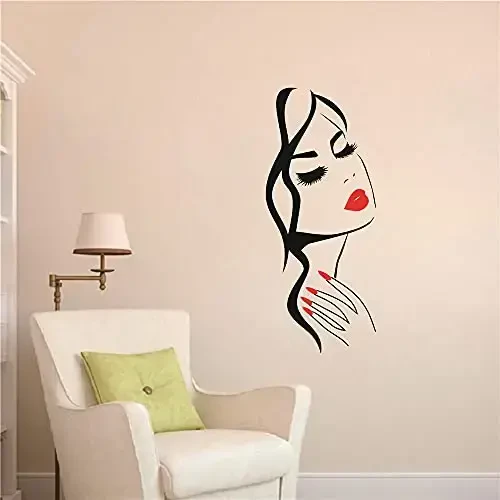 Beauty Salon Wall Decal – Girl Face & Red Lips Art Sticker for Barber Shop, Nail Salon, and Home Decor – Removable Vinyl Mural for Hairstyle Decoration M-73 (Black +Pink Lips, 40X90CM) - 3