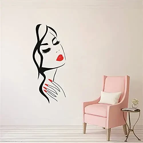 Beauty Salon Wall Decal – Girl Face & Red Lips Art Sticker for Barber Shop, Nail Salon, and Home Decor – Removable Vinyl Mural for Hairstyle Decoration M-73 (Black +Pink Lips, 40X90CM) - 4