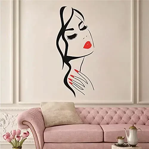 Beauty Salon Wall Decal – Girl Face & Red Lips Art Sticker for Barber Shop, Nail Salon, and Home Decor – Removable Vinyl Mural for Hairstyle Decoration M-73 (Black +Pink Lips, 40X90CM) - 5