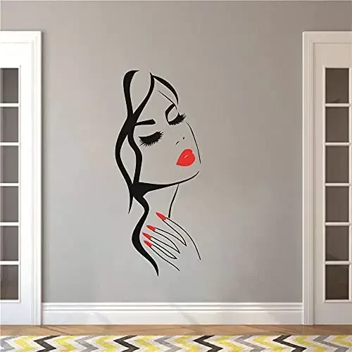 Beauty Salon Wall Decal – Girl Face & Red Lips Art Sticker for Barber Shop, Nail Salon, and Home Decor – Removable Vinyl Mural for Hairstyle Decoration M-73 (Black +Pink Lips, 40X90CM) - 6