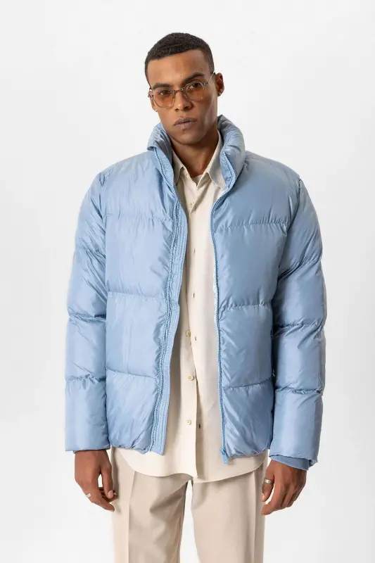 Bebe Mavi Dik Yaka Kauçuk Şişme Mont-Bebe Mavi - 1