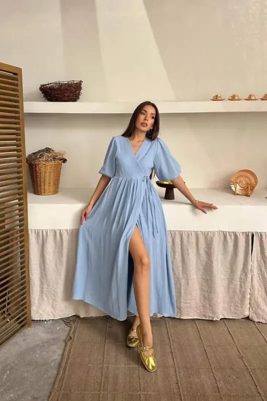 Bebe Mavi Müslin Uzun Elbise - 1