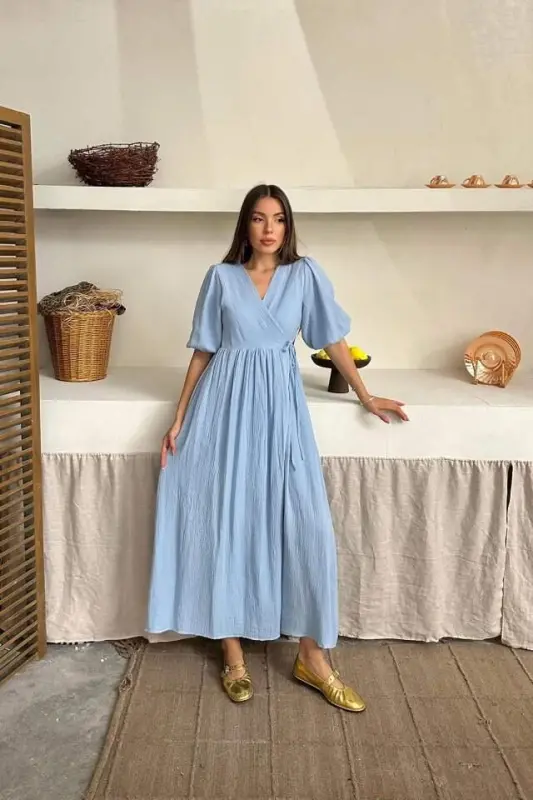 Bebe Mavi Müslin Uzun Elbise - 4