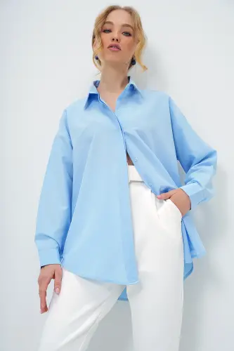 Bebe Mavi Oversize Uzun Dokuma Gömlek ALC-X6828 - BEBE MAVİ 