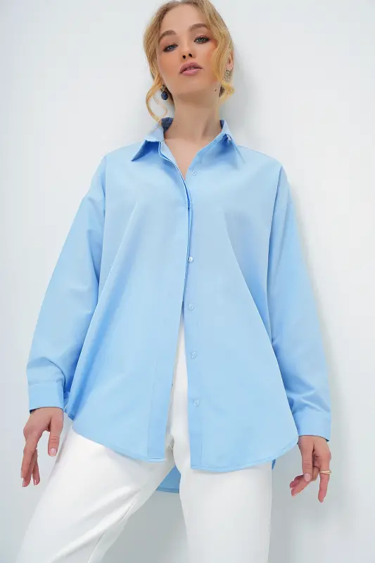 Bebe Mavi Oversize Uzun Dokuma Gömlek ALC-X6828 - BEBE MAVİ - 2