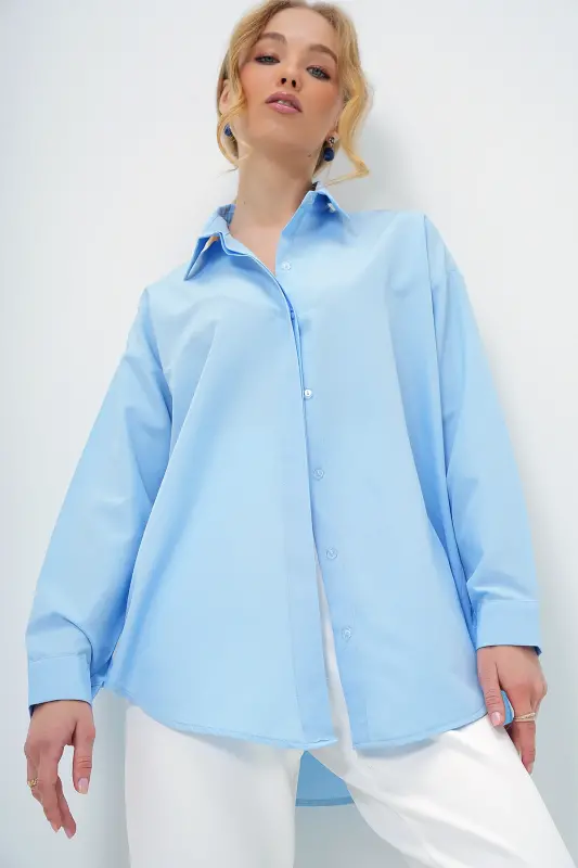 Bebe Mavi Oversize Uzun Dokuma Gömlek ALC-X6828 - BEBE MAVİ - 3