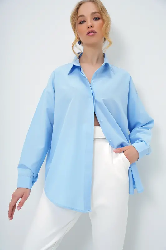 Bebe Mavi Oversize Uzun Dokuma Gömlek ALC-X6828 - BEBE MAVİ - 4