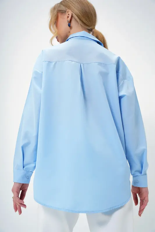 Bebe Mavi Oversize Uzun Dokuma Gömlek ALC-X6828 - BEBE MAVİ - 5