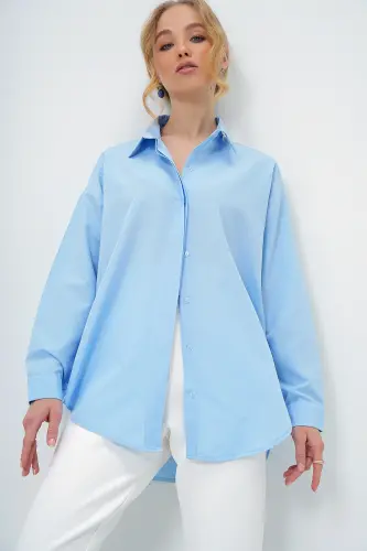 Bebe Mavi Oversize Uzun Dokuma Gömlek ALC-X6828 - BEBE MAVİ - TREND ALAÇATI STILI (1)