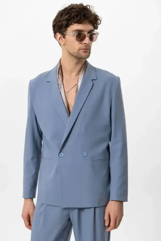 Bebe Mavi Tek Düğme Kruvaze Kapama Erkek Blazer Ceket-Bebe Mavi - ANTIOCH