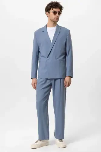 Bebe Mavi Tek Düğme Kruvaze Kapama Erkek Blazer Ceket-Bebe Mavi - 6