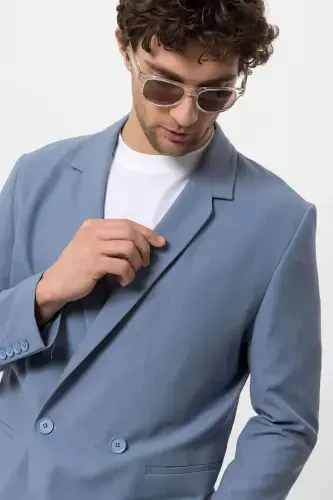 Bebe Mavi Tek Düğme Kruvaze Kapama Erkek Blazer Ceket-Bebe Mavi - 7