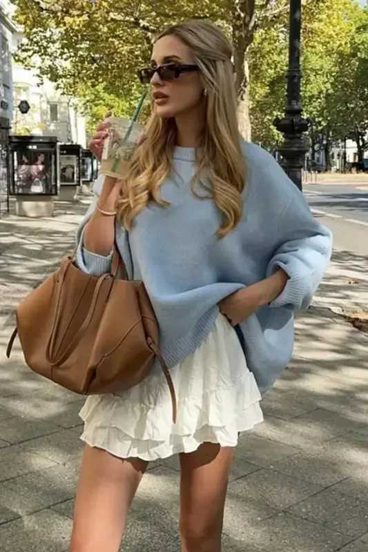 Bebe Mavisi Bisiklet Yaka Oversize Triko Kazak MG1972-Bebe Mavisi - MADMEXT