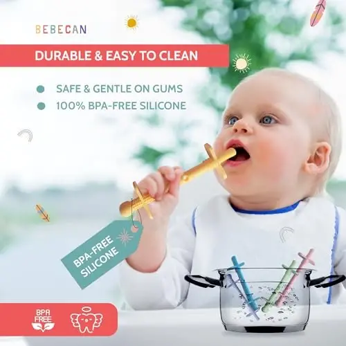 Bebecan Shielded Teething Tubes – Baby Teething Relief 0-36 Months, Anti-Choking Design, Clip-Attachable, BPA-Free Silicone, 5 Soft Tubes + 2 Teether Clips + 2 Brushes + Storage Bag - 5