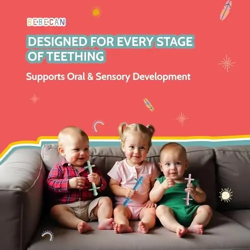 Bebecan Shielded Teething Tubes – Baby Teething Relief 0-36 Months, Anti-Choking Design, Clip-Attachable, BPA-Free Silicone, 5 Soft Tubes + 2 Teether Clips + 2 Brushes + Storage Bag - 6